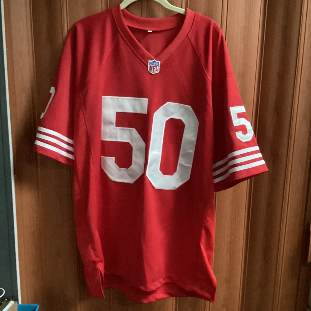 NFL 49ers Legend Riki Ellison #50 Signed Red Jersey Size L